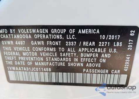 2018 Volkswagen Passat 2.0T R-Line/2.0T S z USA, uszkodzony, nr VIN 1VWAA7A31JC011458